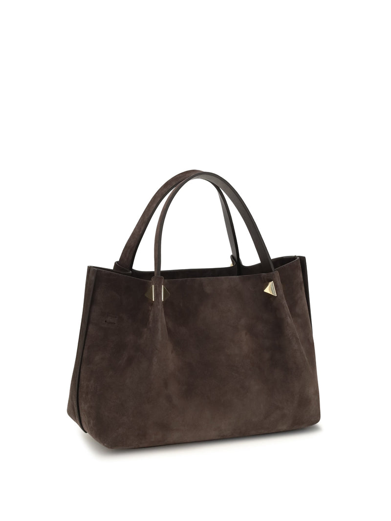 Valentino Garavani Suede With Studded Vlogo Top Handle Bag — Brown Calf Leather Bos Taurus