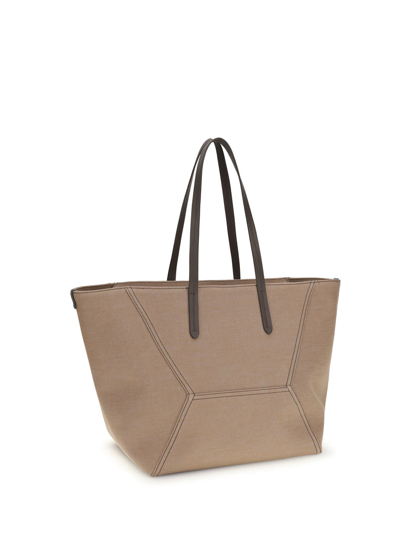 Brunello Cucinelli Canvas Tote With Geometric Seaming Bag — Beige Outer: Cotton