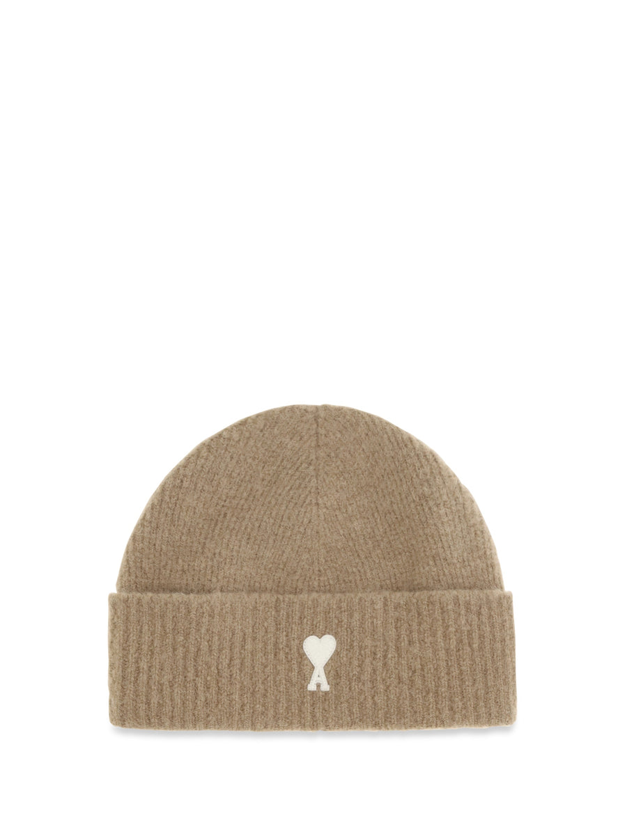 Ami Paris Ubo005kn0135 Ribbed Wool Beanie — Beige Ovis Aries Beanies