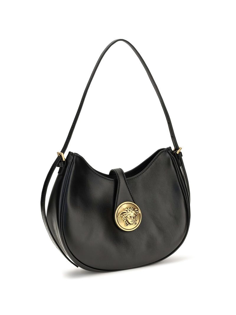 Versace Gold-Tone Medusa Plaque Shoulder Bag — Black Calf Leather Bos Taurus