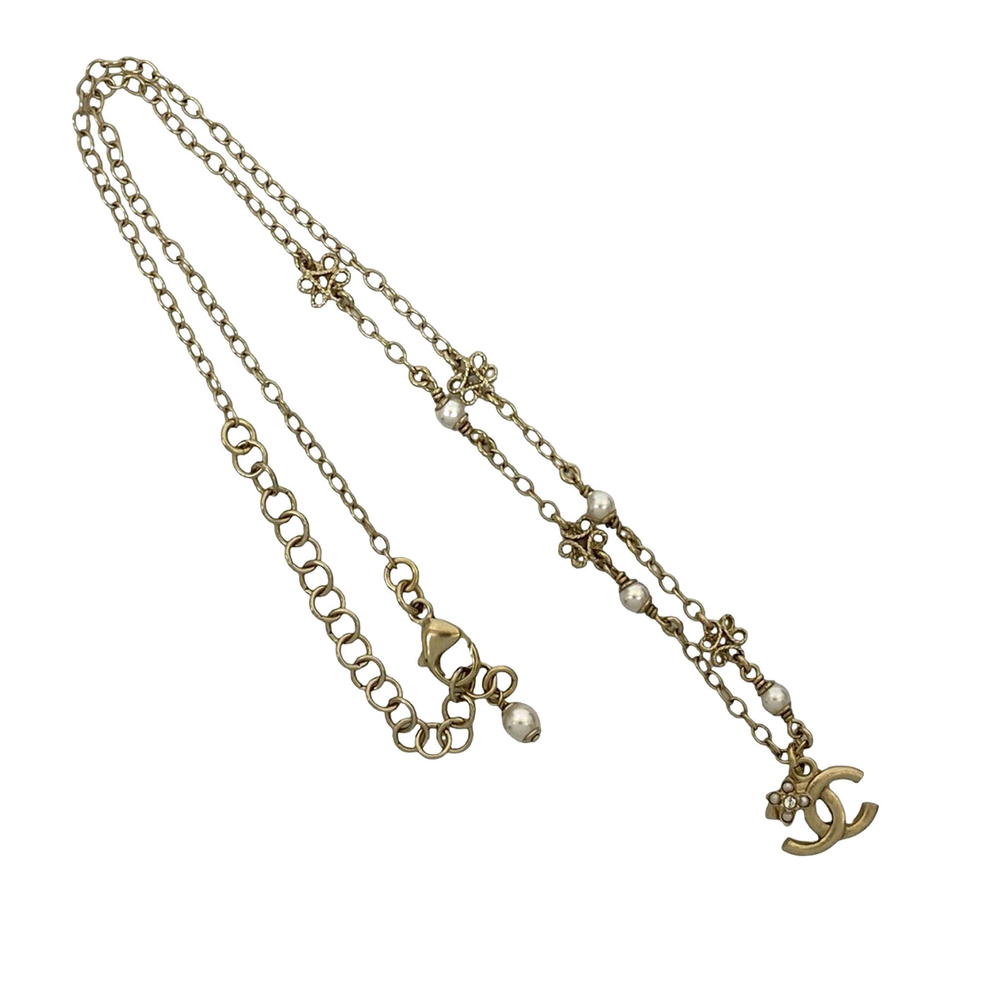 Gold Plated Faux Pearl CC Pendant Flower Station Necklace - Image 1