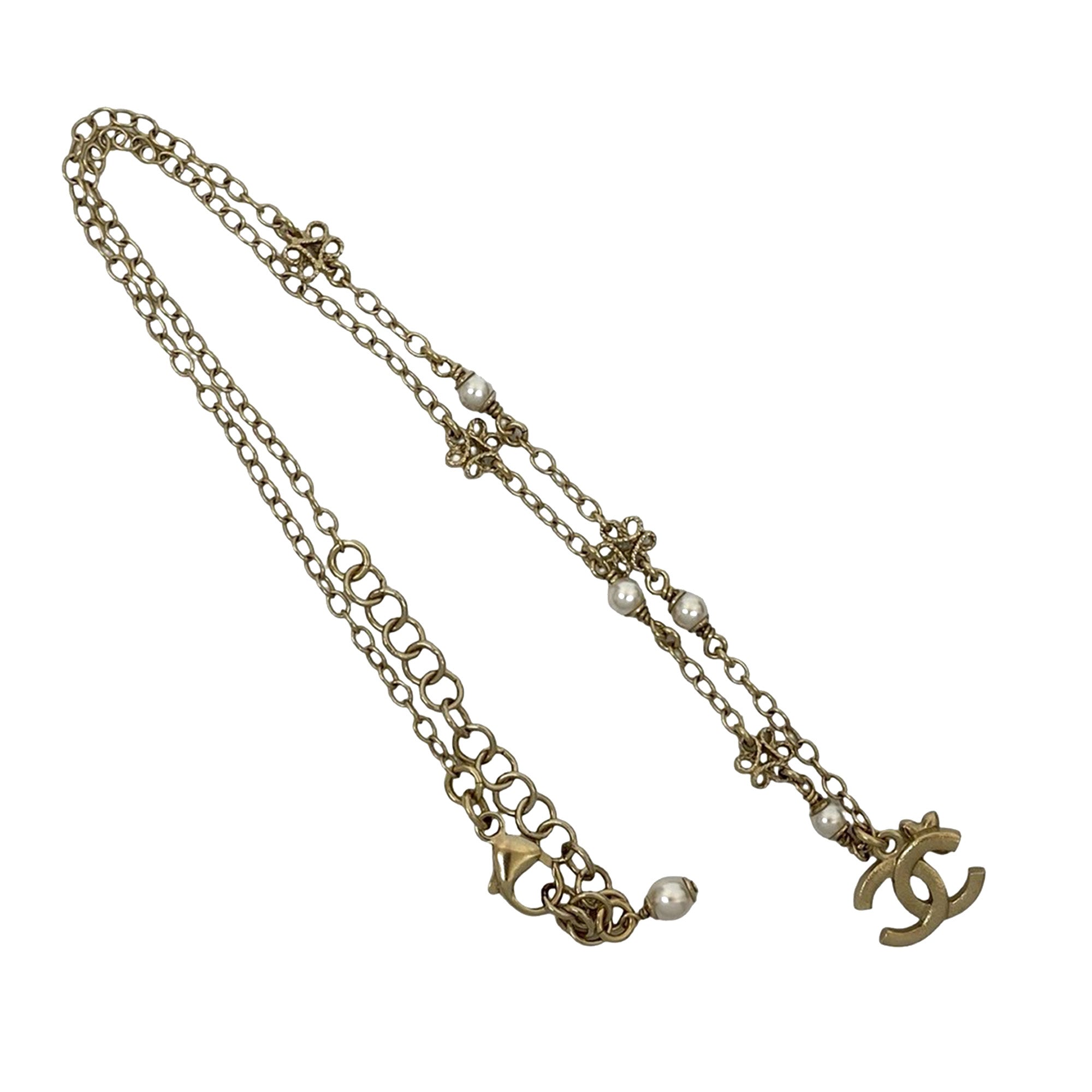 Gold Plated Faux Pearl CC Pendant Flower Station Necklace - Image 2