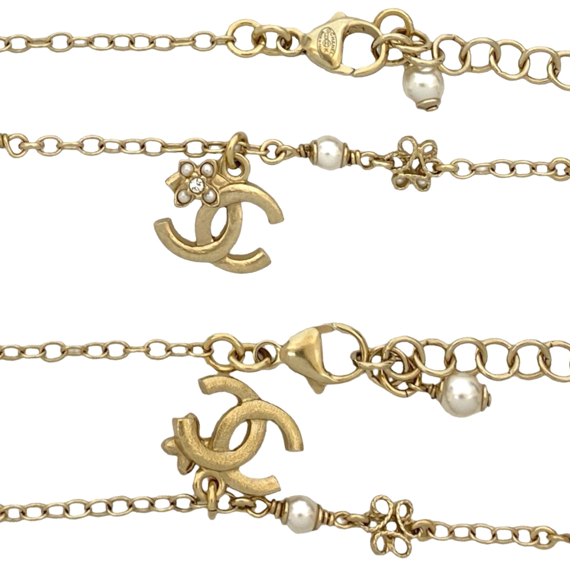 Gold Plated Faux Pearl CC Pendant Flower Station Necklace - Image 3