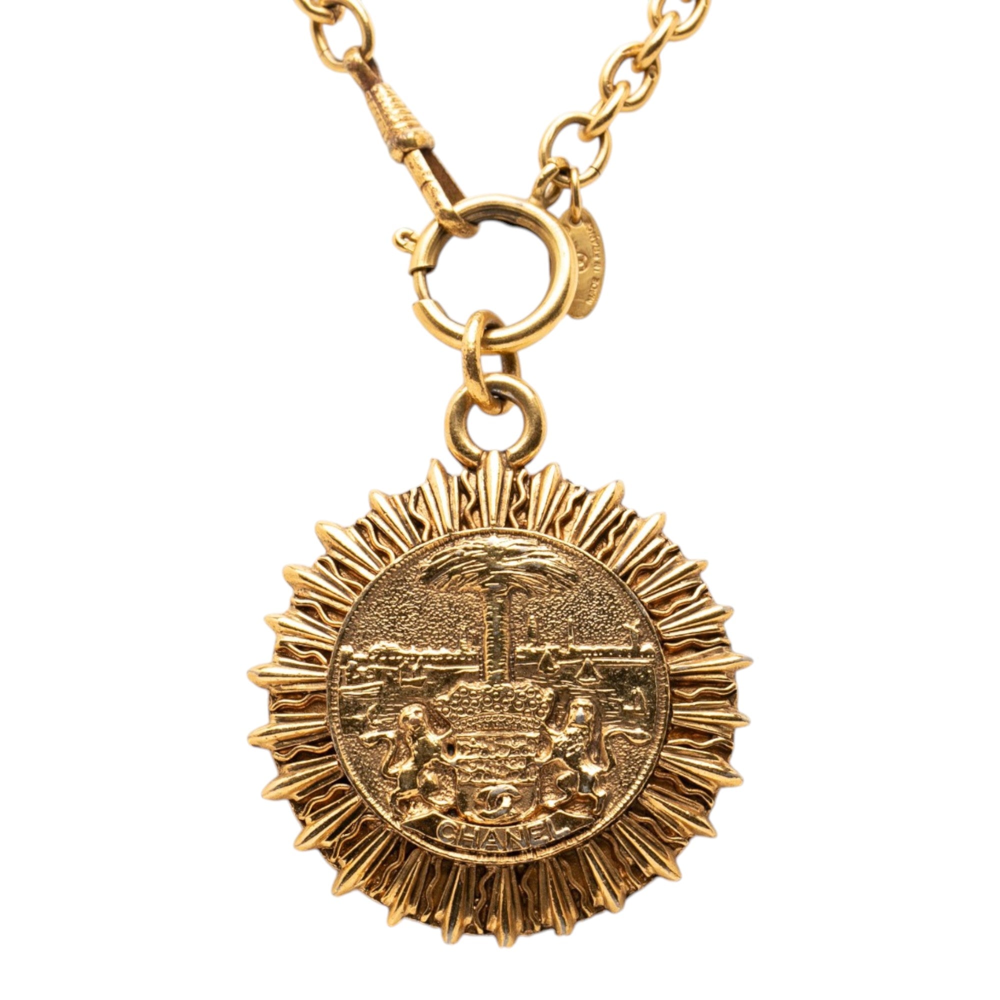 Gold Plated Medallion Coat of Arms Sunburst Pendant Necklace - Image 2