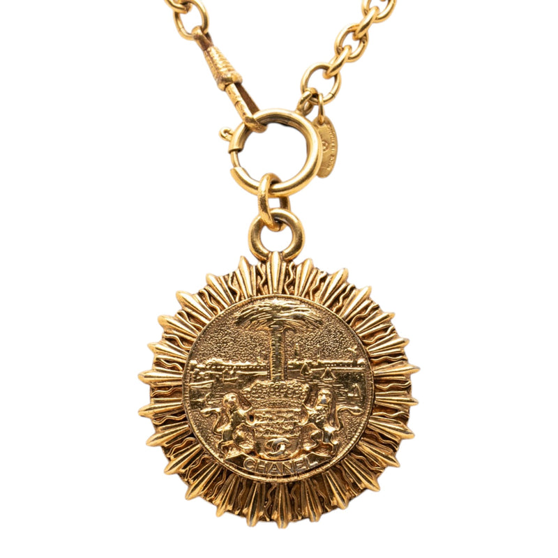 Gold Plated Medallion Coat of Arms Sunburst Pendant Necklace - Image 2