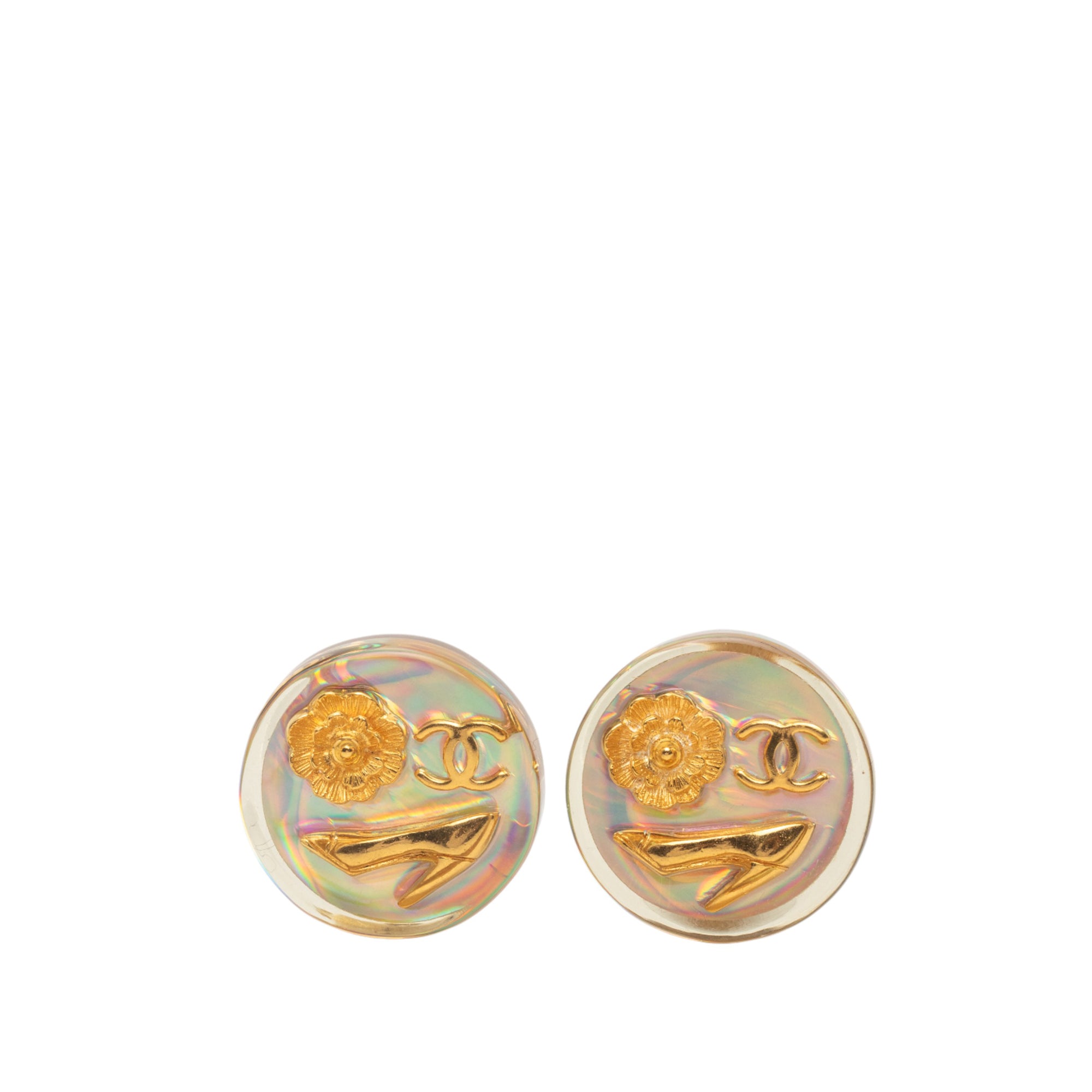 CC Gold Plated Resin Camellia Button Clip On Earrings - Image 1