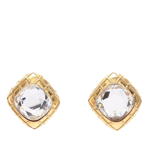 CC Gold Plated Quilted Diamond Strass Clip On Earrings - Image 1