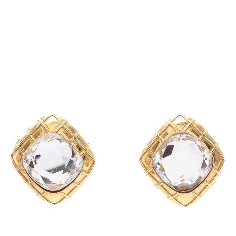 CC Gold Plated Quilted Diamond Strass Clip On Earrings