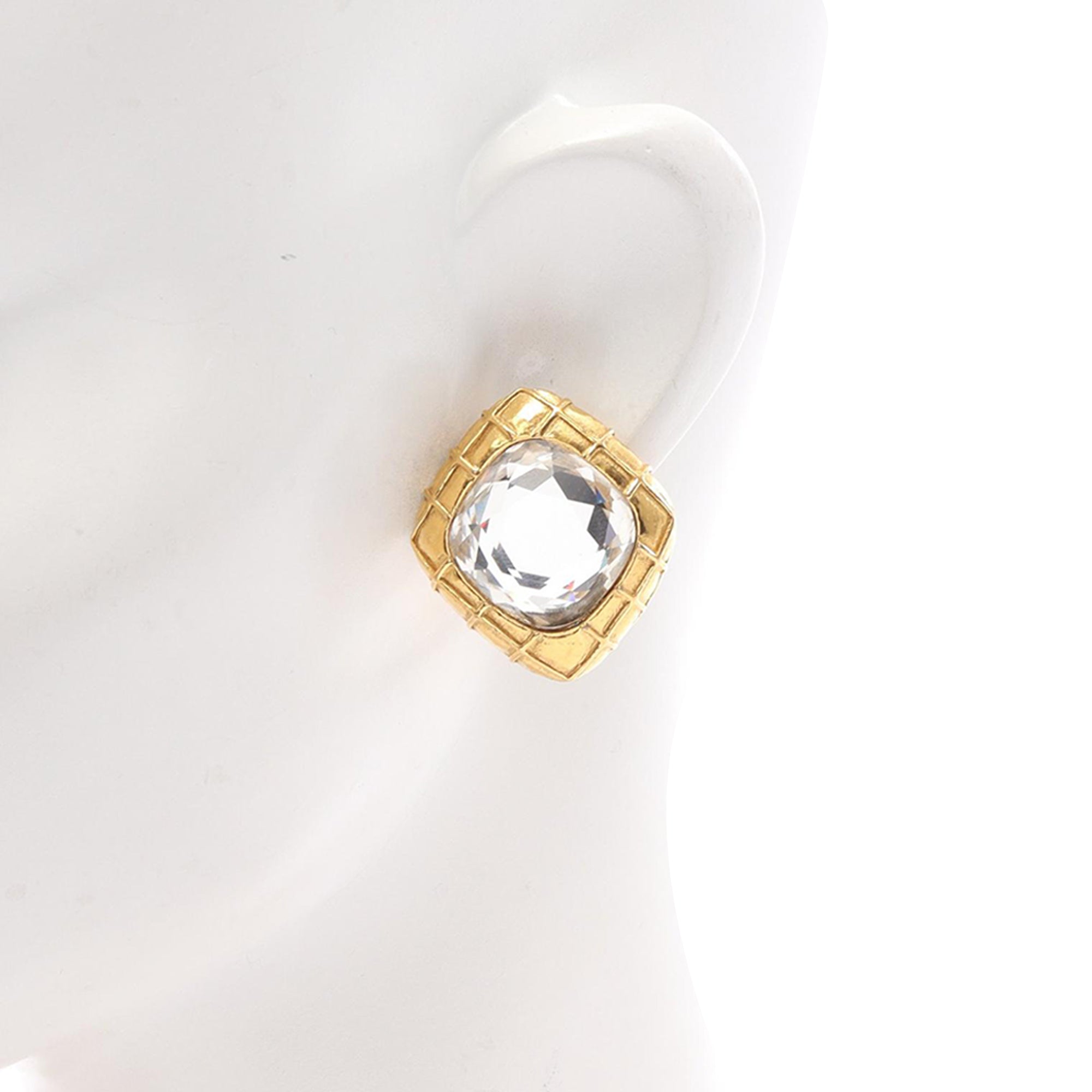 CC Gold Plated Quilted Diamond Strass Clip On Earrings - Image 6