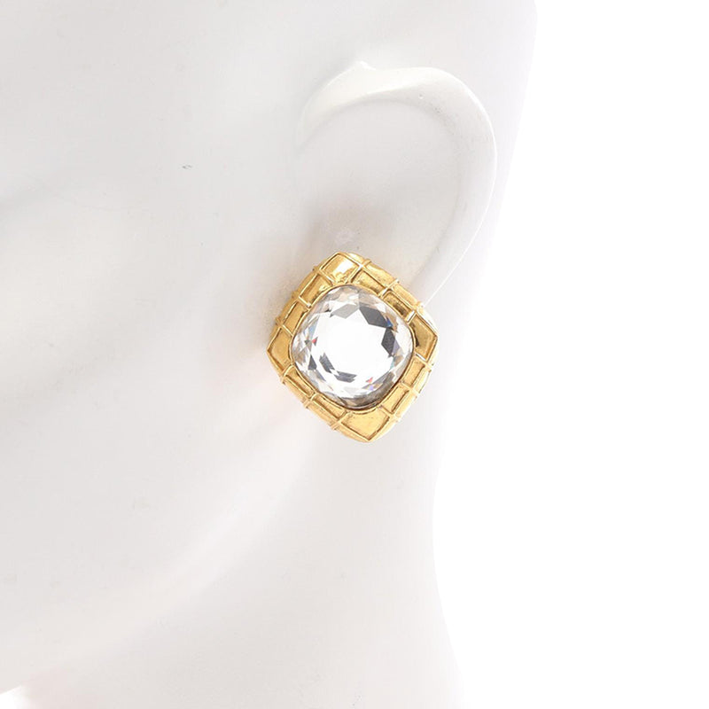 CC Gold Plated Quilted Diamond Strass Clip On Earrings - Image 6