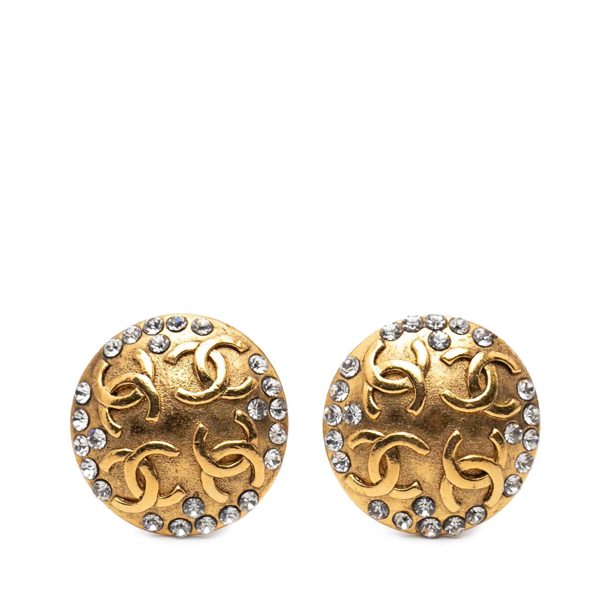 Gold Plated CC Crystal Round Clip On Earrings - Image 1