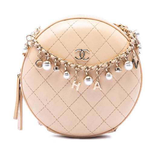 Stitched Calfskin Logo Strass and Pearl Chain Round Crossbody - Image 1