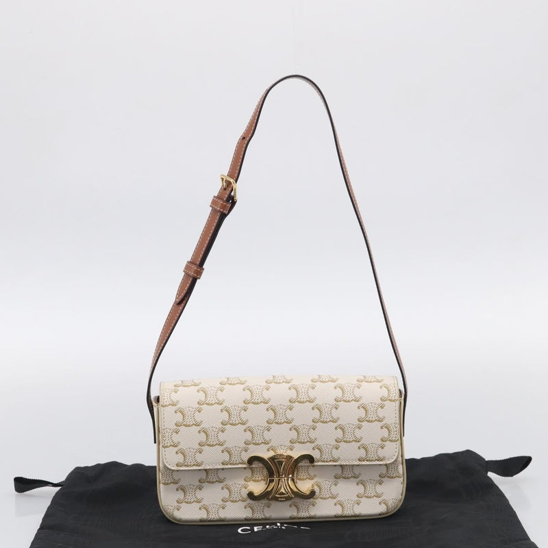 Celine Triomphe East-West Coated Canvas White Leather Bag