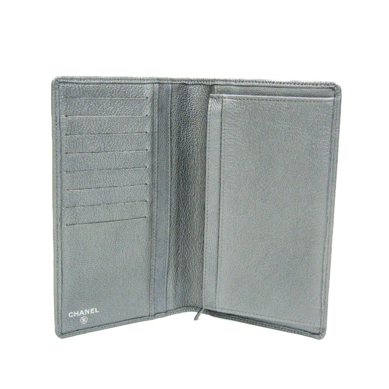 Chanel Cc Button Bi-Fold Card Case Leather Silver Accessory