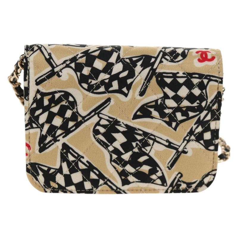 Chanel Flap Card Holder On Chain Quilted Printed Canvas Beige Satin Bag