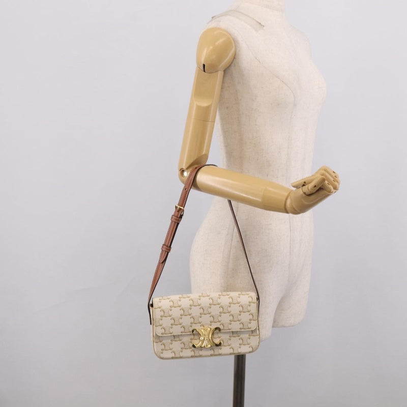 Celine Triomphe East-West Coated Canvas White Leather Bag