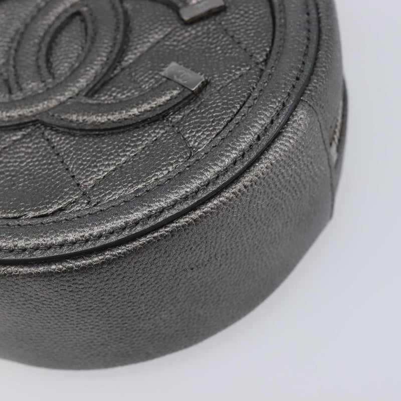 Chanel Filigree Round Clutch With Chain Quilted Iridescent Caviar Gray Leather