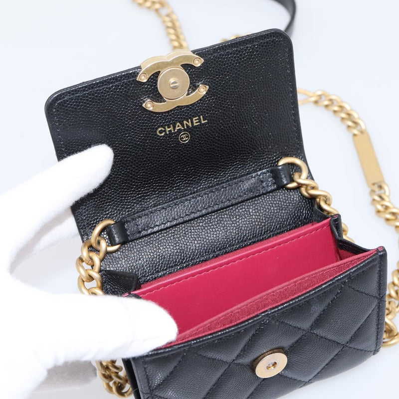 Chanel Plate Logo Cc Flap Card Holder On Chain Quilted Caviar Black Leather Bag