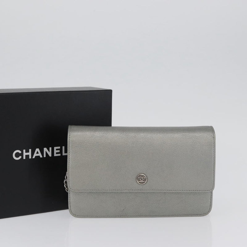 Chanel Round Cc Wallet On Chain Goatskin Silver Leather Bag