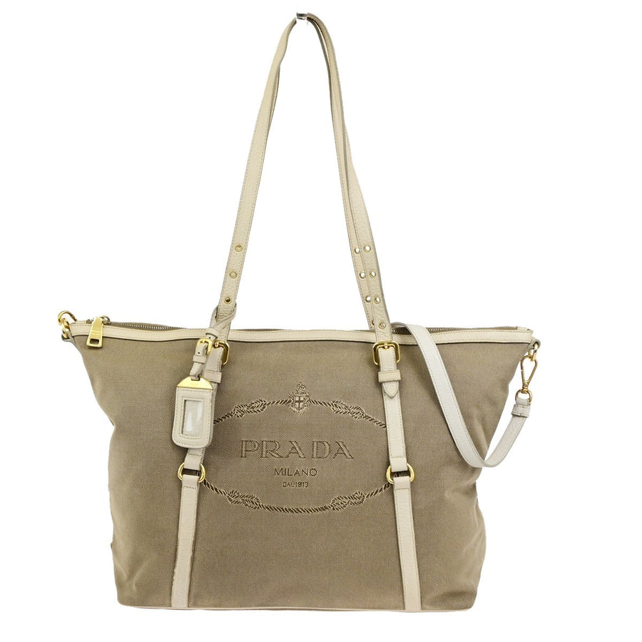 Prada Logo Convertible Canvas With Leather Brown Bag