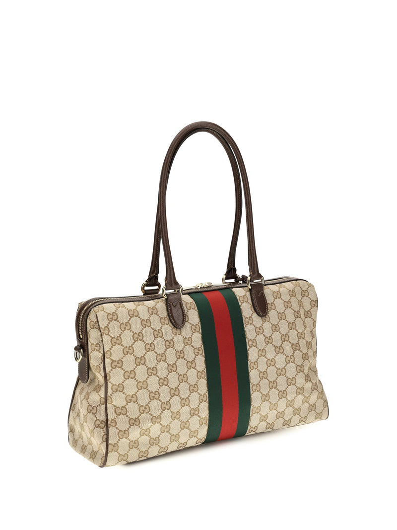 Gucci Gg Canvas With Web Stripe Top Handle Bag — Beige Fabric