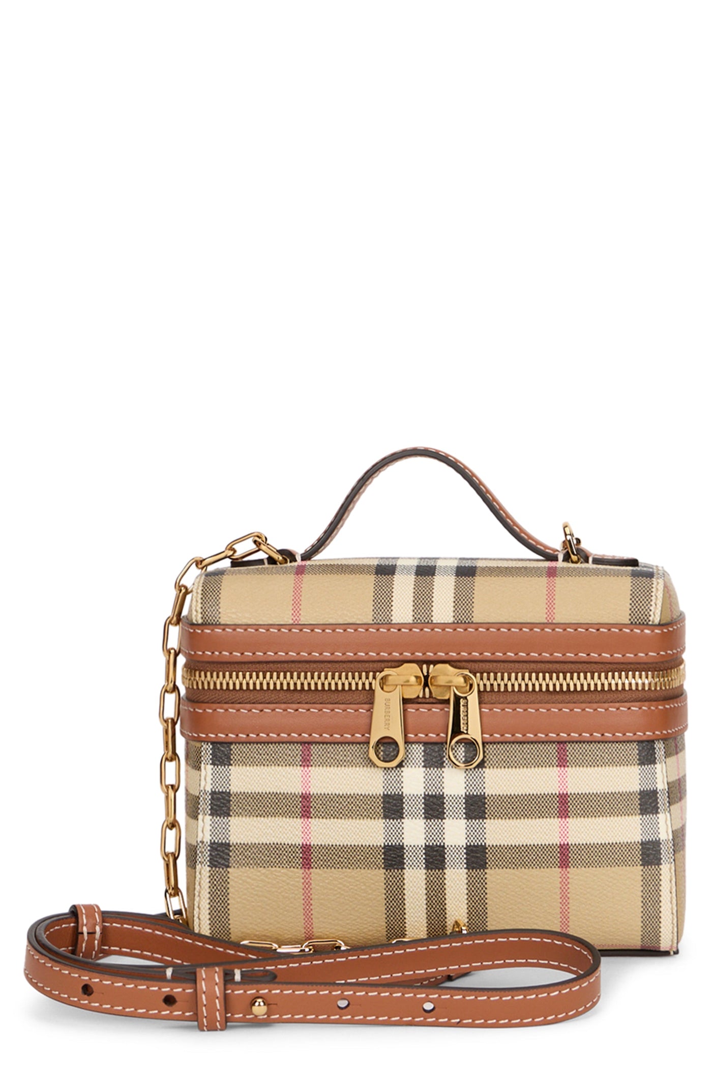 Burberry Tartan-Check Canvas Top Handle Bag — Beige Polyurethane