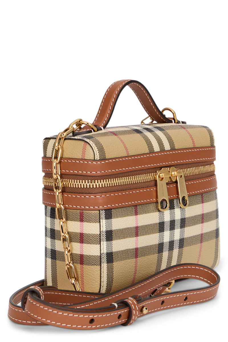 Burberry Tartan-Check Canvas Top Handle Bag — Beige Polyurethane