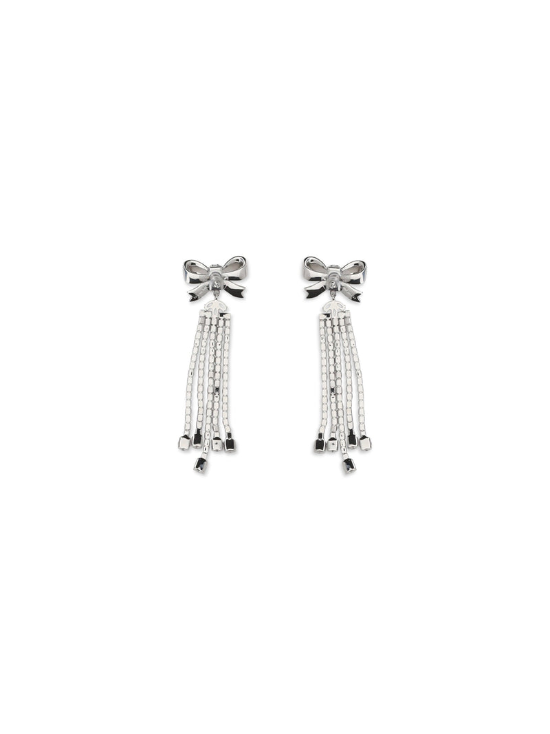 Self-Portrait Crystal Bow Drop Earrings — Silver Brass