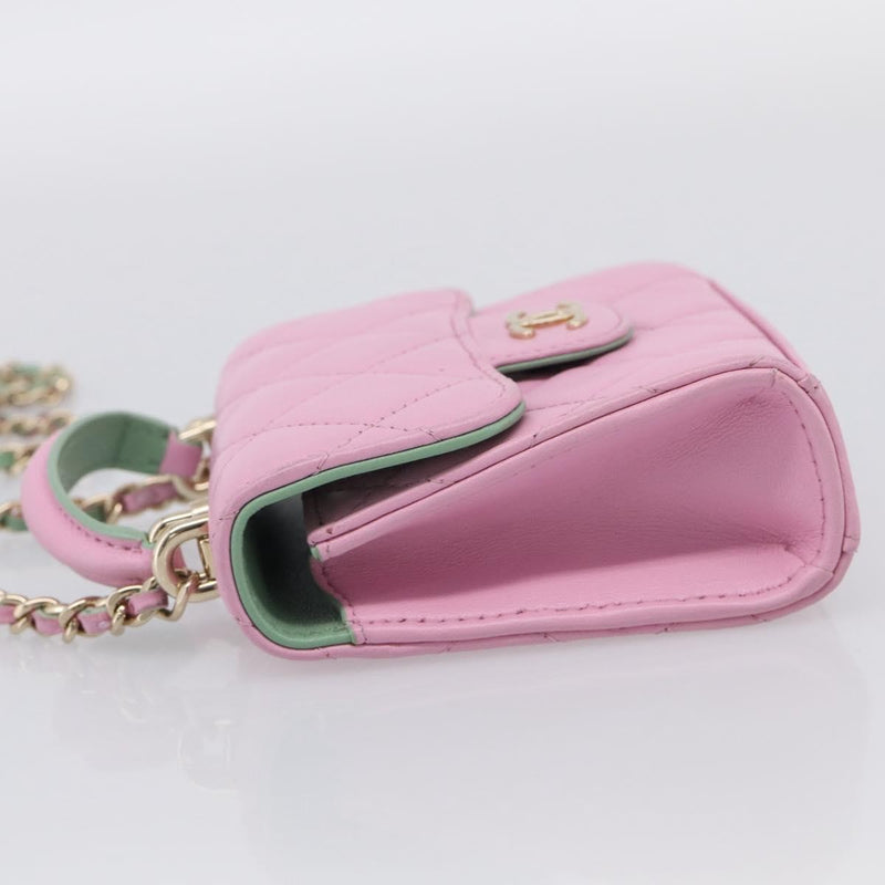 Chanel Square Classic Flap Top Handle Clutch With Chain Quilted Lambskin Pink Leather