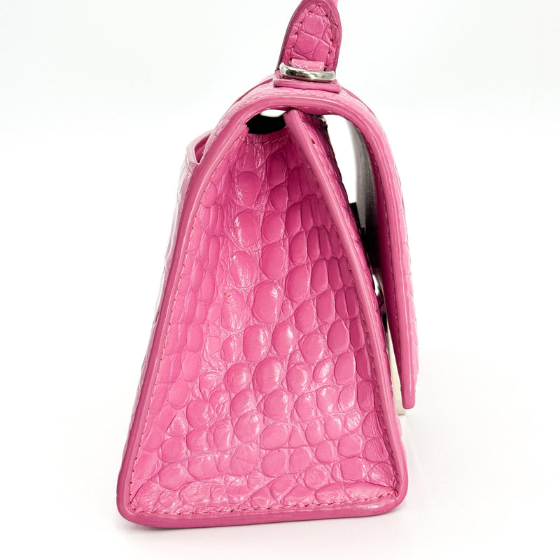 Balenciaga Hourglass Top Handle Crocodile Embossed Leather Pink Bag