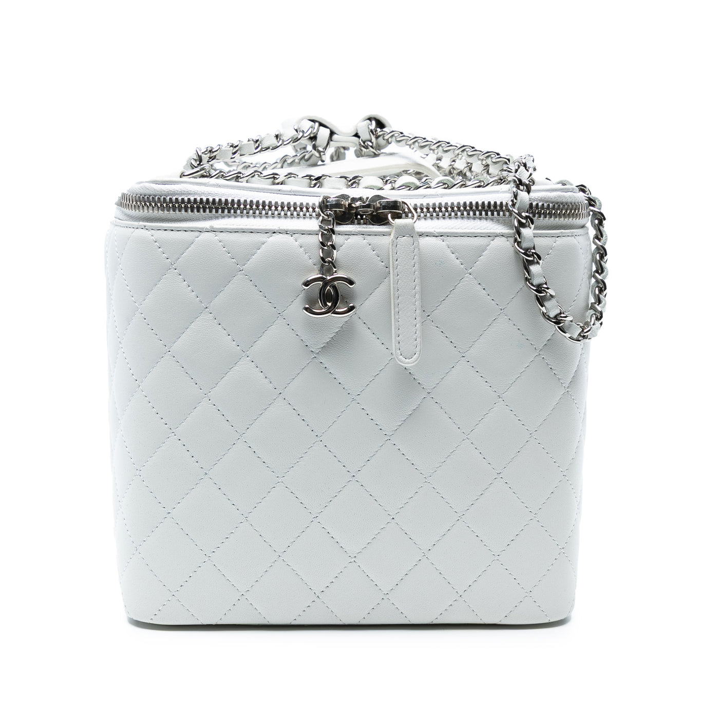 Large Quilted Lambskin Top Handle Jewelry Box With Chain - Image 1