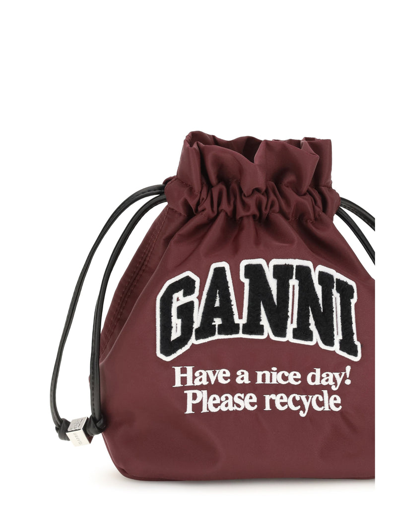 Ganni Logo-Embroidered Nylon Pouch Clutch — Burgundy