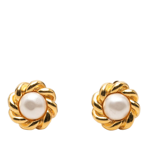 Gold Plated Faux Pearl Flower Clip On Earrings - Image 1