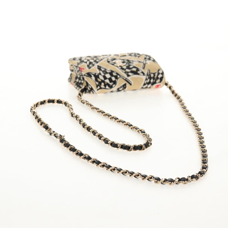 Chanel Flap Card Holder On Chain Quilted Printed Canvas Beige Satin Bag