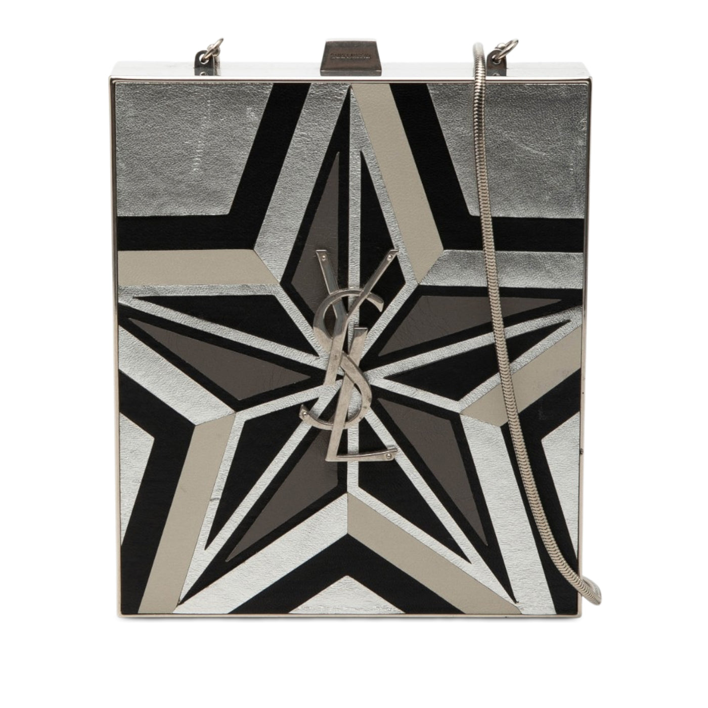 Metal and Leather Tuxedo Box Star Clutch on Chain - Image 1