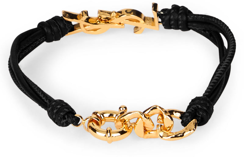 Saint Laurent Leather With Logo Hardware Bracelet — Black Bracelets