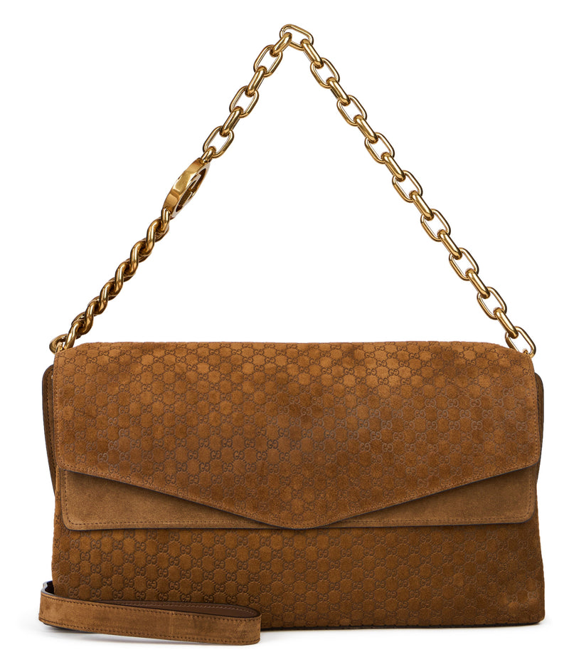 Gucci Gg-Monogram Suede Shoulder Bag — Brown Calfskin