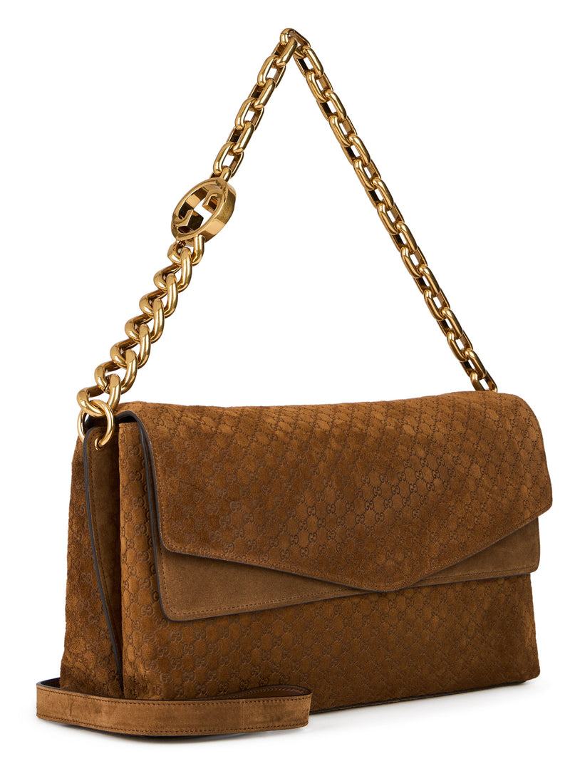 Gucci Gg-Monogram Suede Shoulder Bag — Brown Calfskin