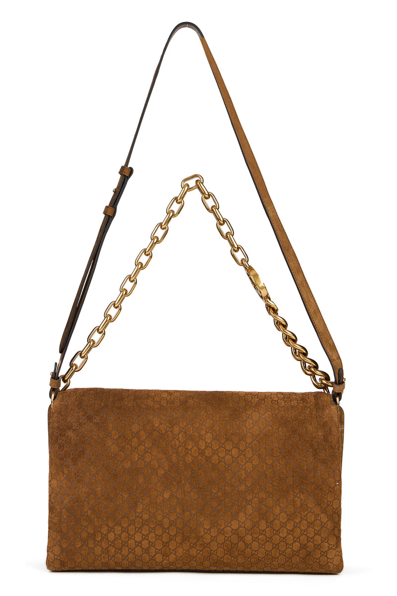 Gucci Gg-Monogram Suede Shoulder Bag — Brown Calfskin
