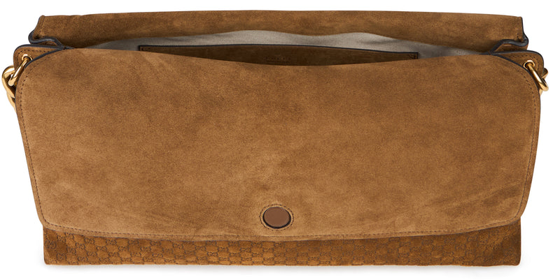 Gucci Gg-Monogram Suede Shoulder Bag — Brown Calfskin