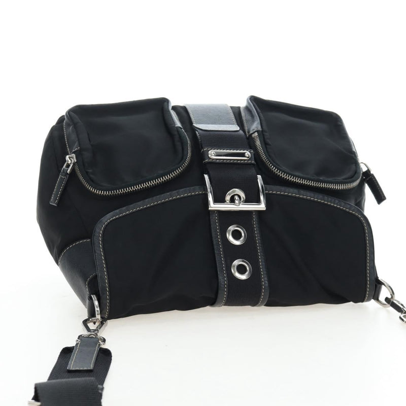 Prada Double Pocket Buckle Flap Tessuto And Leather Black Nylon Bag