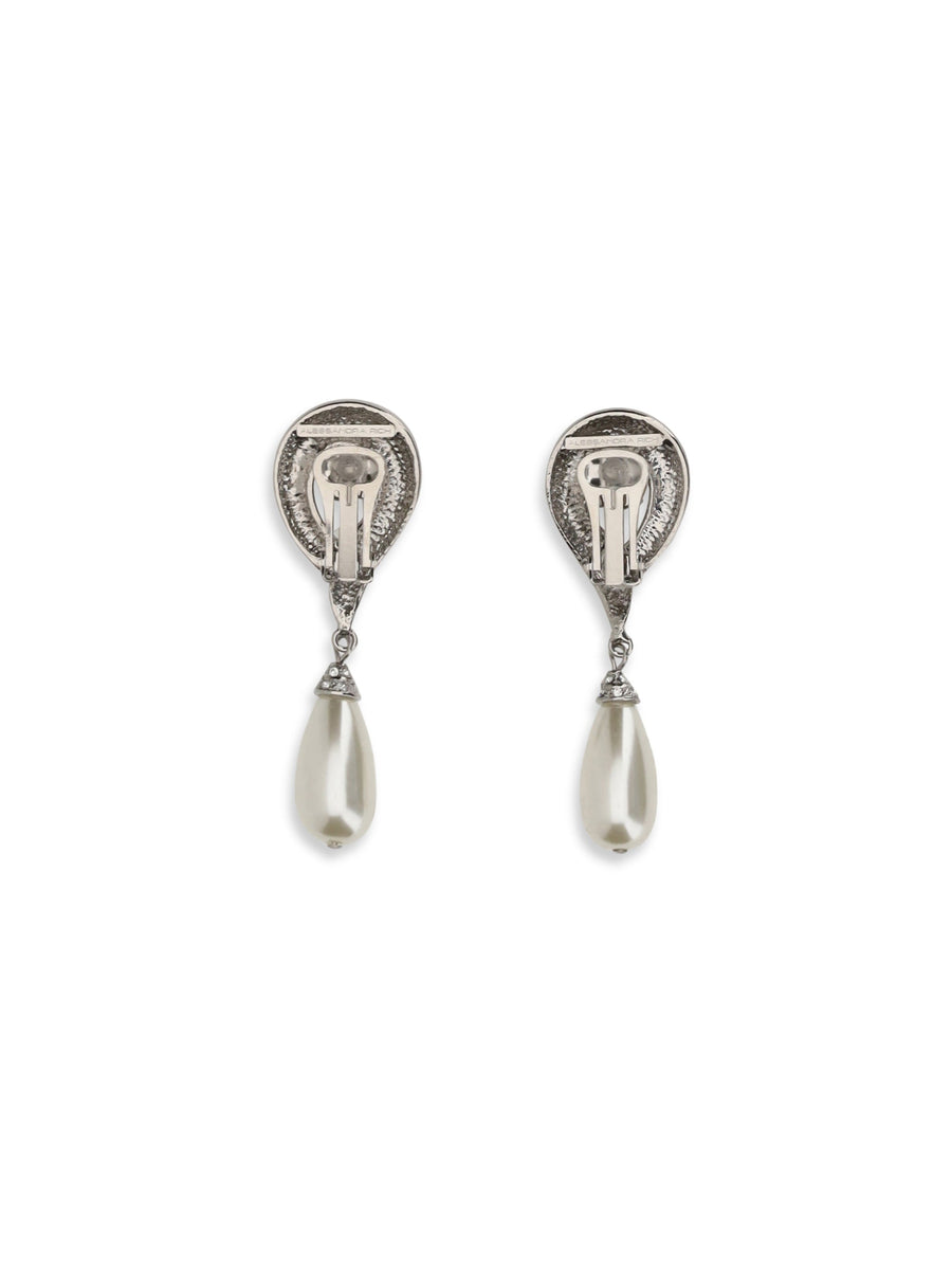 Alessandra Rich Crystal & Pearl Drop Earrings — Silver Brass