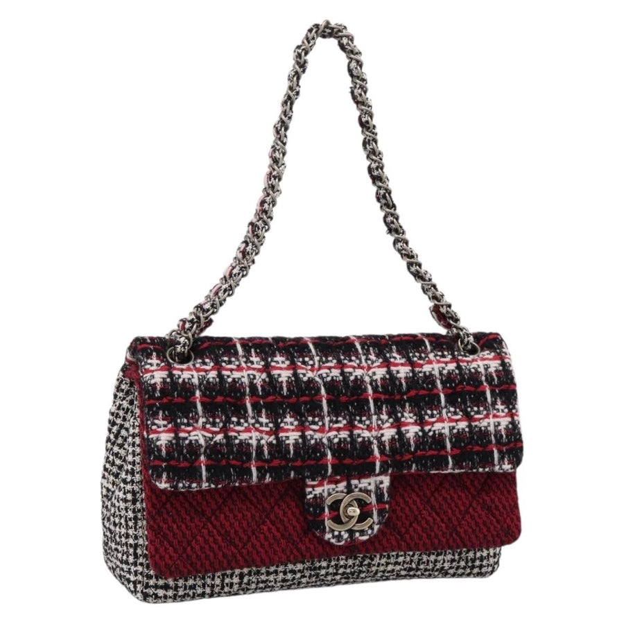 Chanel Vintage Cc Chain Flap Quilted Multicolor Tweed Red Bag