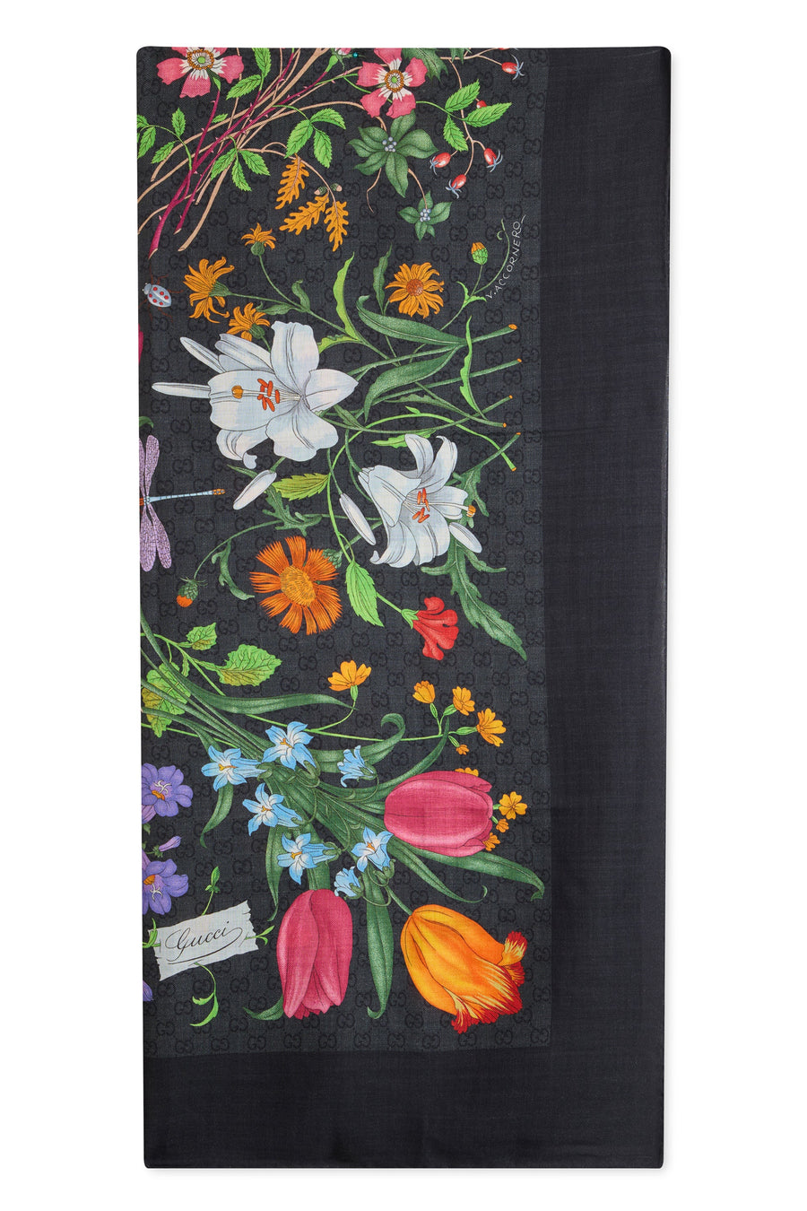 Gucci Floral Silk-Wool Scarf — Black Scarfs