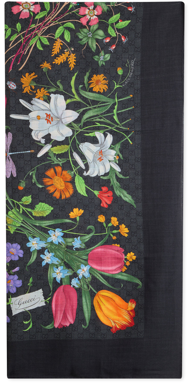 Gucci Floral Silk-Wool Scarf — Black Scarfs