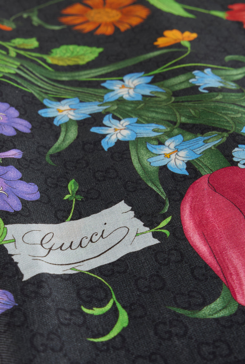 Gucci Floral Silk-Wool Scarf — Black Scarfs