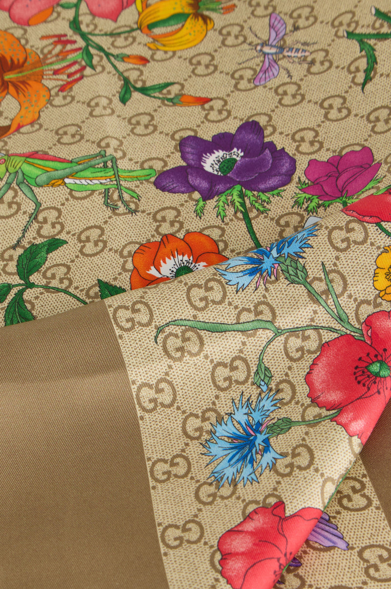 Gucci Floral Silk Scarf — Beige Scarfs