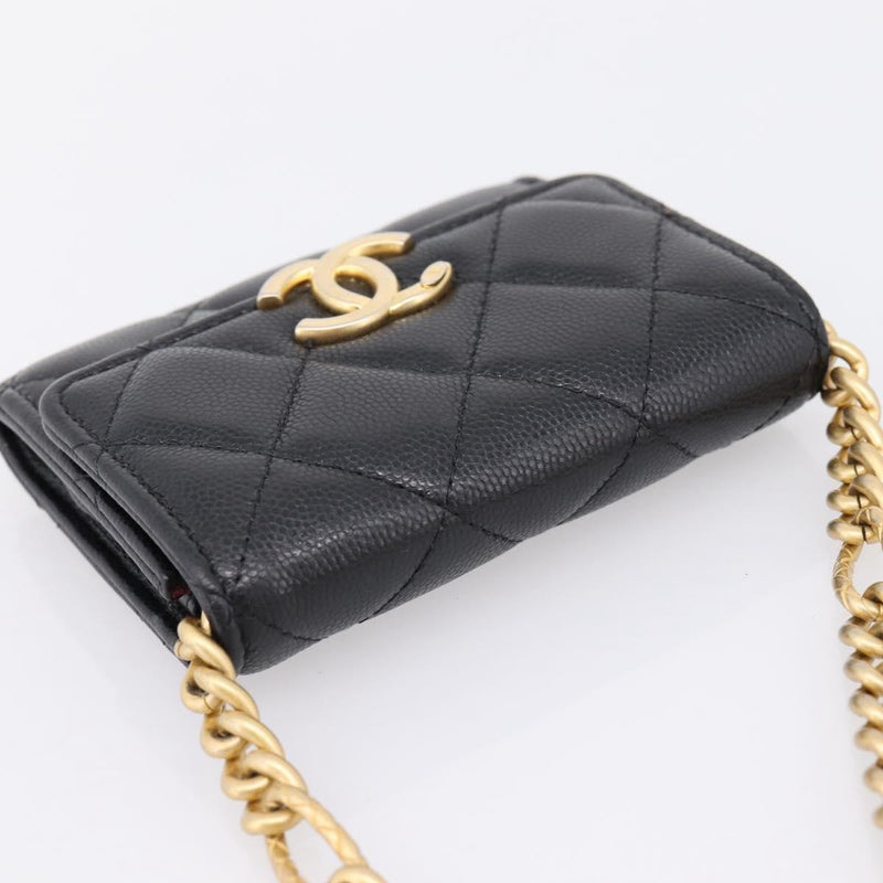Chanel Plate Logo Cc Flap Card Holder On Chain Quilted Caviar Black Leather Bag