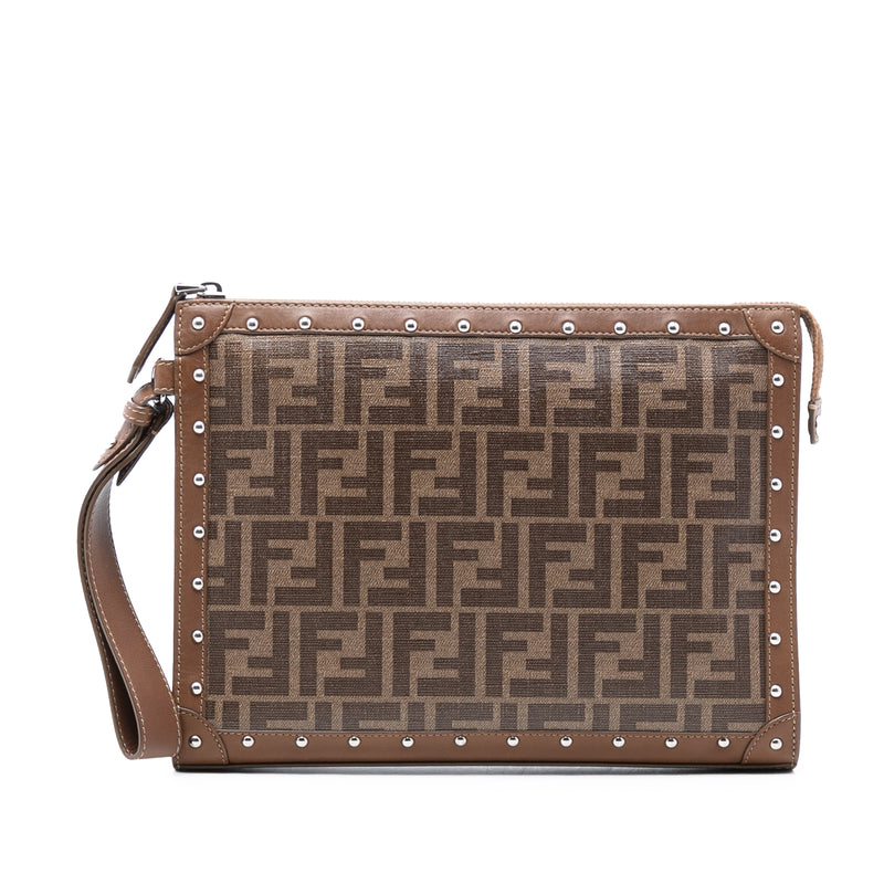 Studded Leather Trimmed Zucca Coated Canvas Clutch