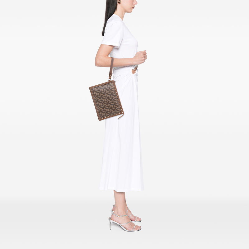 Studded Leather Trimmed Zucca Coated Canvas Clutch - Image 7